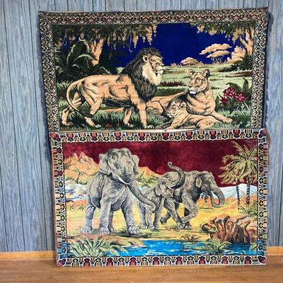 (2pc) Tapestry’s of Lion & Elephant | Two Vintage velvet tapestries of a Lion family and an Elephant family. Both have been tacked to...