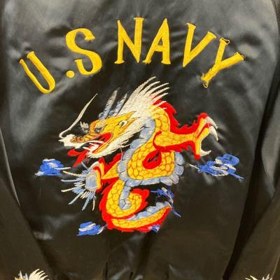 US Navy Dragon Jacket | Black Satin Jacket in Large, with Dragons on back and both sleeves. A Fighting-32 patch on right sleeve. Made in...