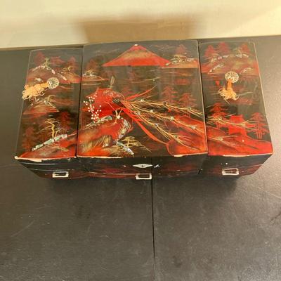 Japanese Jewellery Box | Vintage Lacquered Jewellery Chest, with mother-of-pearl inlay. Black and red design of Mount Fugi, with Pagodas...