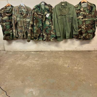 (5pc) Navy Uniforms #3 | Vintage Lot Includes: 1. Navy Camouflage Cold Weather Coat. L. 2. Navy Camouflage Shirt, Pants & Cap. Shirt:...
