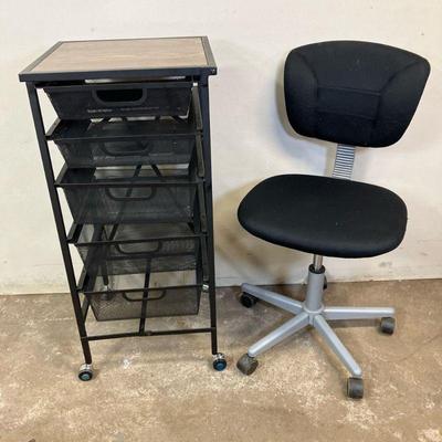 (2pc) Origami Storage Cart & Chair | 1. Origami steel/wood top five drawer mesh storage/kitchen cart. 2. Office Chair. - h. 35.5” x...