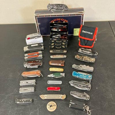 Pocket Knives-Folding Tools | Lot Includes Vintage Pocket Knives, Folding Tools, Utility Razors, Pabst Blue Ribbon Bottle Opener,...