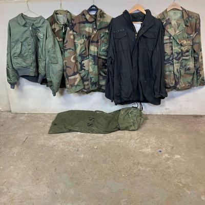 (6pc) Navy Uniforms #4 | Vintage Lot Includes: 1. Navy SeaBees Camouflage Cold Weather Jacket. Large Short. 2. Navy Black Field Coat....