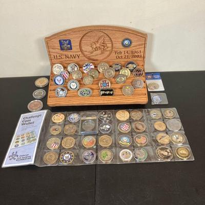 SeaBee Display & Coins | Lot Includes: *Challenge Wood SeaBee Coin Display. * (2) Challenge Coin Wallets. *(57) Assorted Coins. - h....