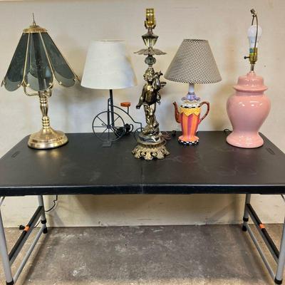 (5pc) Vintage Lamp Lot | Lot Includes: 1. Brass Touch lamp with etched smoky glass panels. 2. Mackenzie-Childs inspired Teapot lamp. 3....