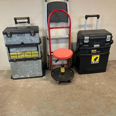 (5pc) Stanley Fat Max-Shop Stool- Hand Truck | Lot Includes: 1. Stanley Fat Max Tool Chest w/tools. 2. Stanley Portable Tool Chest...