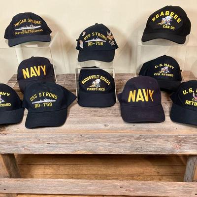(10pc) Navy Seabee Caps | Ten US Navy Caps as shown. One with (7) Pins. Four new with tag. Full panel backs, no mesh. - One size fits all

