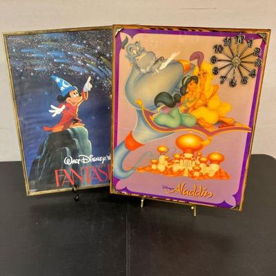 (2pc) Disney Posters | Vintage Lot Includes: *Aladdin Poster laminated on wood with a b/o clock. *Fantasia Mickey Mouse Poster framed. -...