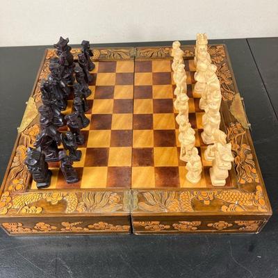 Chinese Chess Set | Vintage Chinese Chess Set in a carved wood box with two drawers, with straps to hold pieces in. Box/Board and all...