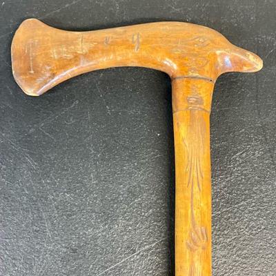Folk Art Eagle Cane | Vintage Cane carved with eagle head, a decorative design and owners name. Has original metal tip and a nice patina....