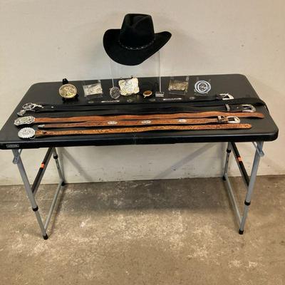 (15pc) Cowboy Hat-Belts-Buckles | Western Lot Includes: 1. Resistol Briscoe Hat in black, size 7. 2. Belts with Buckles (6), Men’s &...