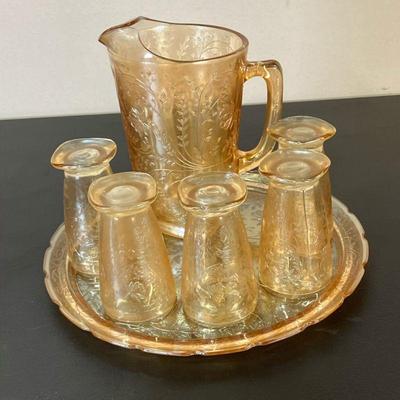 (7pc) Carnival Glass Lemonade Set | Jeanette Glass Floragold Louisa Iridescent Pitcher, glasses and tray. - h. 9” x w. 5.25” x l. 7.5” in...