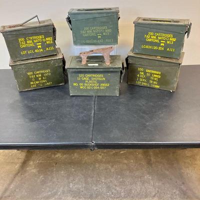 (6pc) Vintage Ammo Boxes | Six (6) Military Ammo Boxes in metal, painted Army Green and stencilled for different types of ammo. All are...