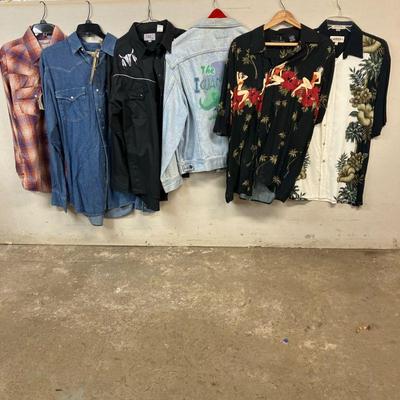 (6pc) Denim-Western-Hawaiian Shirts | Vintage Lot Includes: 1. Lee Denim Jacket with “The Iguana Bar White Plains, N.Y.” on back. L. 2....