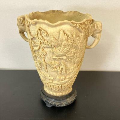 Chinese Vase | Vintage Composition Chinese Vase with elephant handles on wood base. - h. 12” x dia. 9.75” in (With Base)

