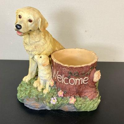 Labrador Dog Planter | Yellow Labrador Retriever and pup Welcome Planter. - h. 14.5” x w. 11” x l. 14” in