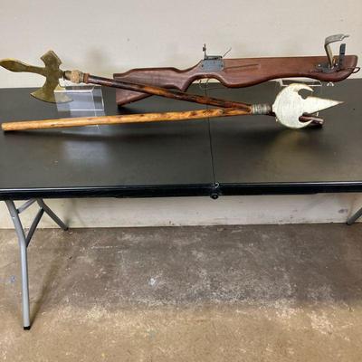 (3pc) Pole Axe - Spear - Crossbow | Reproductions of 17th C Battle/Boarding Weapons. Heavy brass plated iron heads. Vintage PowerMaster...