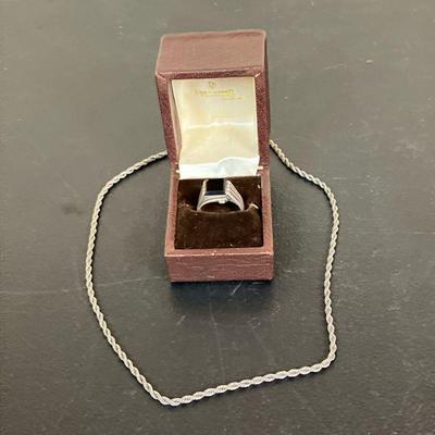 (2pc) Sterling Chain & Onyx Ring | Sterling Silver Ribbed Ring with Onyx. Marked “925 Sterling”. 7/8” D. 14.0 grams. Along with a...