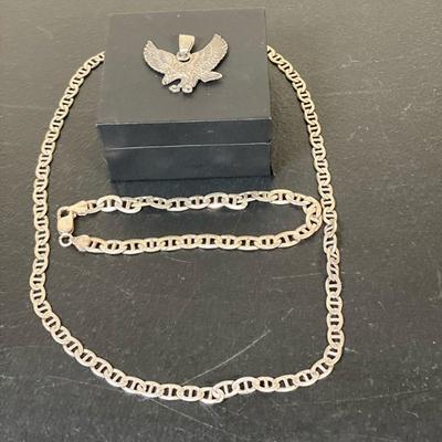 (3pc) Men's Sterling Jewelry | Vintage Sterling Lot Includes: 1. SS Eagle Pendant. “925” 3/8”L 6.74 grams. 2. SS Link Bracelet....