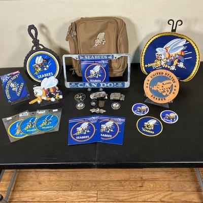 NAVY SEABEES | Lot includes: *SeaBees Tan Logo Bag. *Wood SeaBee Logo. *Cast Iron and painted SeaBee Logo. *SeaBee Logo Tile Trivet....