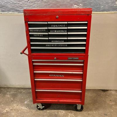 Craftsman Red Tool Cabinet | Craftsman two piece tool cabinet with lift top. Total of 19 drawers. Cabinet is packed with tools. - h. 52”...