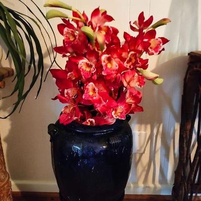 Midnight blue glazed stoneware vase with faux flowers