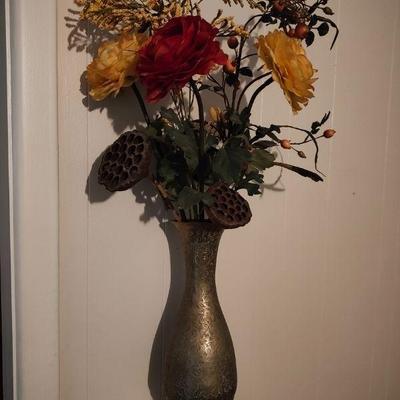 Vintage tall brass footed vase with faux flowers