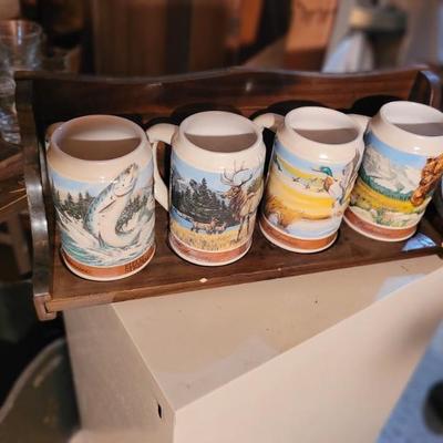 Budweiser vintage ceramic beer steins made for Anheuser-Busch and Field & Stream magazine. Salmon, American Grizzly Bear, Mallard...
