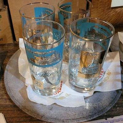 Southern Comfort Centennial (1874-1974) highball tumblers with New Orleans Mississippi River paddlewheel showboats and 22 karat gold...