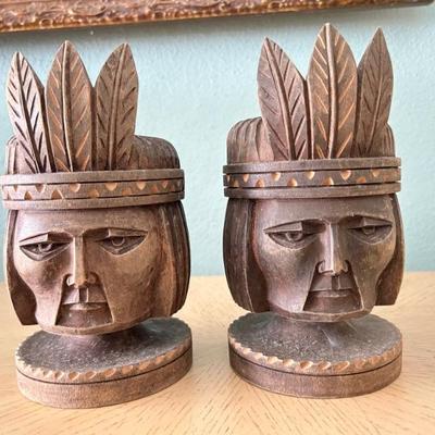 Folk Art • Carved • Wood • Indian Heads • 7.5”h • $57 ea (two available) (great as lamp bases?)
