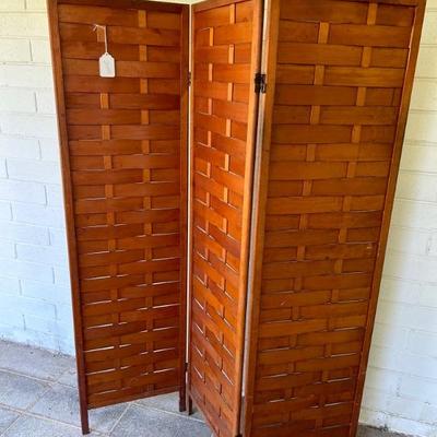 MCM • Woven • Wood • Folding • Three Panel • Screen • Room Divider • 64”h x 56”w (flat) • $240
