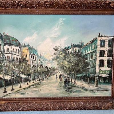1950’s • Impressionist Style • Oil on Canvas • Parisian Street Scene • 24” x 36” (image size) • $489
