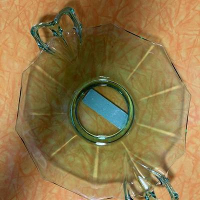 Antique • Green Glass • Server • 12.5” across (including handles) • $22.50