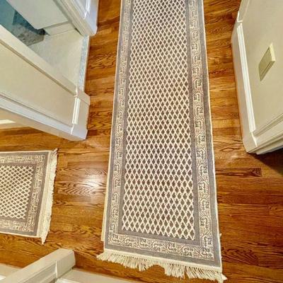 Hand-knotted wool runner rug from India, measures 8'75 x 2'6