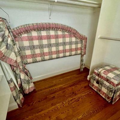 King-size headboard with matching bed skirt and roller stool