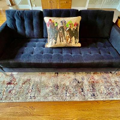 Fabulous three-cushion, blue tufted "apartment" sofa by Rowe Furniture