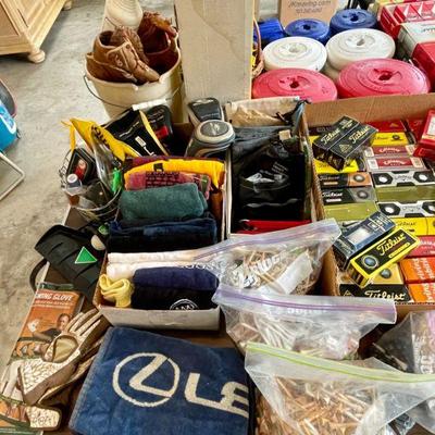 Golf equipment, including club bags, towels and tees