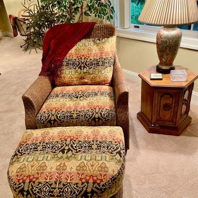 Rattan arm chair and matching ottoman