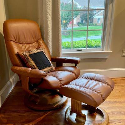 Leather Ekornes "stressless" recliner and ottoman