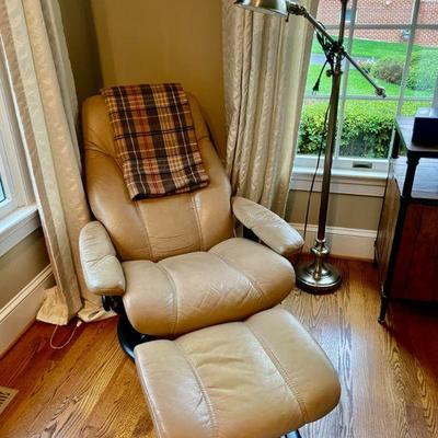 Leather Ekornes "stressless" recliner and ottoman