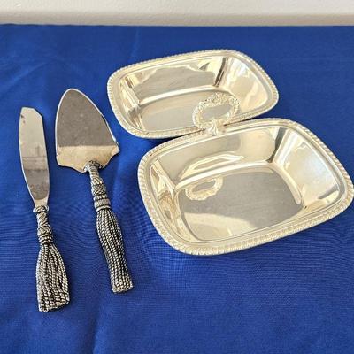  Silver Plated Divided Serving Dish w/ Ornate Handle Plus Silver "Rope & Tassel" by Silea Cake and Pie Servers