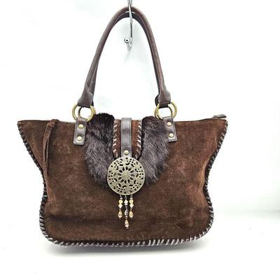 Nicole Lee Boho Suede, Leather, and Fur Shoulder bag w/ Magnetic Closure Under Medallion & Beading
