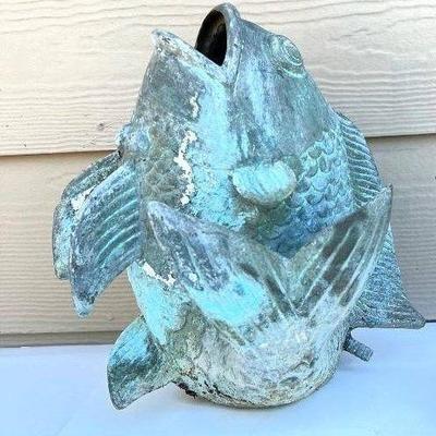 Solid Bronze Asian Dancing Koi Fish Piped Statue Fountain Pond Water Feature (11" Tall) with Natural Patina
