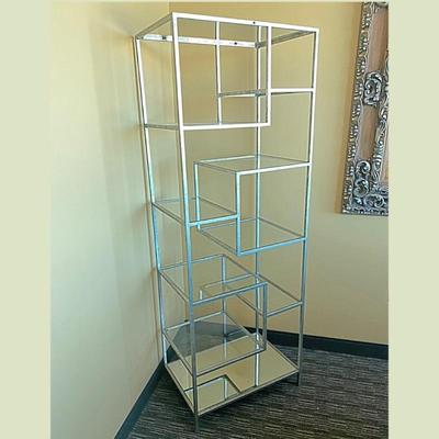 Modern Glass Etagere Bookcase in Champagne Gold Finish and Mirrored Details