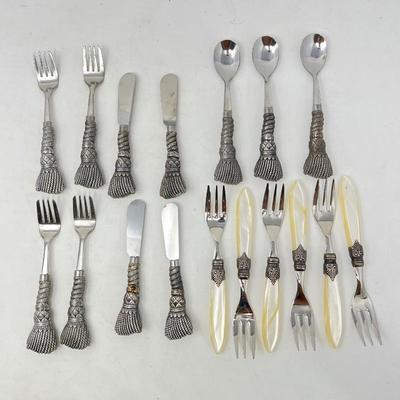 Unique Silver "Rope & Tassel" by Silea Appetizer Size Utensils and 6 Dessert Forks with Beautiful Pearl-Like Handles