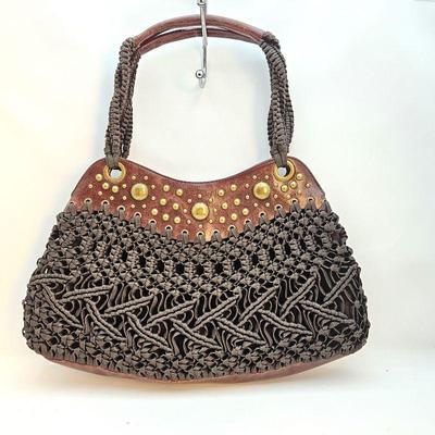 Chico's Handwoven Brown Cotton Shoulder Bag / Faux Leather Trim w/ Gold Studs