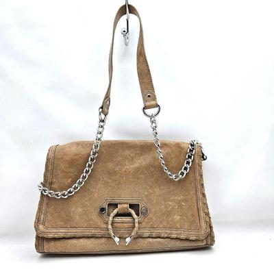 Nanette Lepore Tan Leather Shoulder Bag w/ Chain link Strap and Unique Horseshoe Shaped Closure