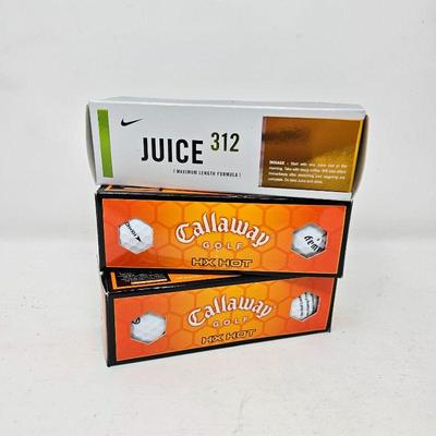 Set of Three Sleeves of Brand New Golf Balls - Callaway and Juice Brands