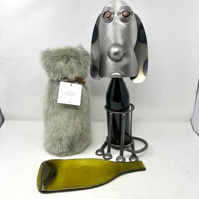  Eclectic Home Decor Bundle - Metal Dog Sculpture, RH Faux Fur Wine Bag, Glass Bottle/Cheese Tray