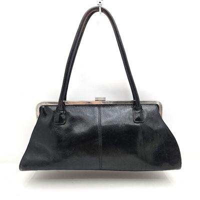 Hobo International Black Leather Vintage Look Handbag with Kiss Lock Closure & Raspberry Lining